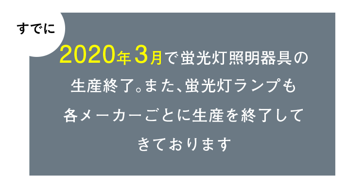 すでに2020年3月で蛍光灯照明器具の生産終了。また、蛍光灯ランプも各メーカーごとに生産を終了してきております。