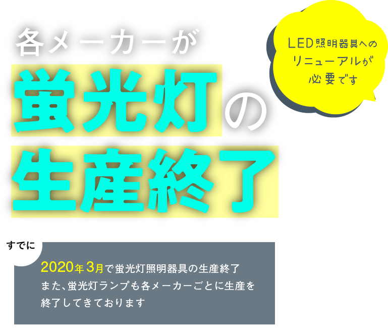 各メーカーが蛍光灯の生産終了 LED照明器具へのリニューアルが必要です。すでに2020年3月で蛍光灯照明器具の生産終了。また、蛍光灯ランプも各メーカーごとに生産を終了してきております。