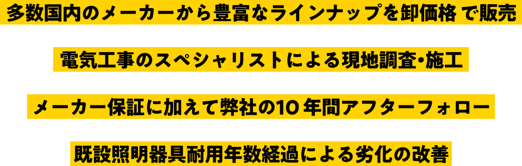 多数のメーカーから豊富なラインナップを卸価格で販売　電気工事のスペシャリストによる現地調査・施工　メーカー保証に加えて弊社の10 年間アフターフォロー　既設照明器具耐用年数経過による劣化の改善